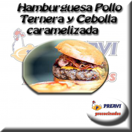 Hamburguesa de pollo ternera y cebolla caramelizada